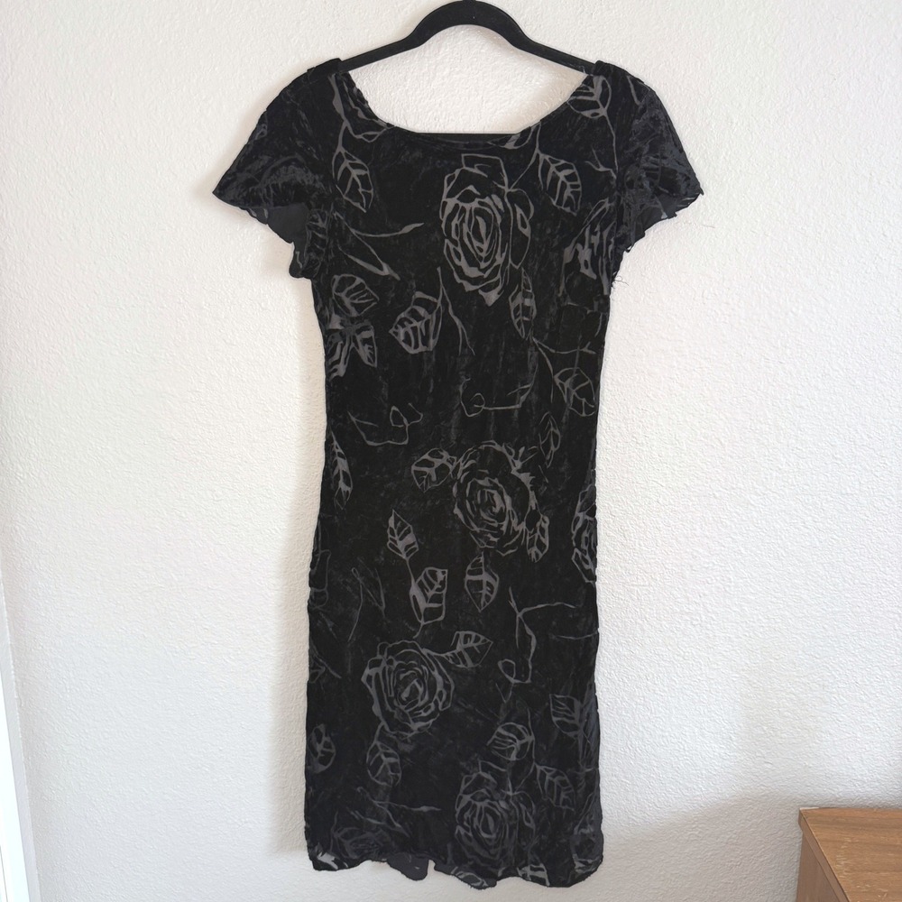 VTG Whimsigoth Grunge Black Rose Velvet Burnout Floral Cowl Neck Midi Dress 10P